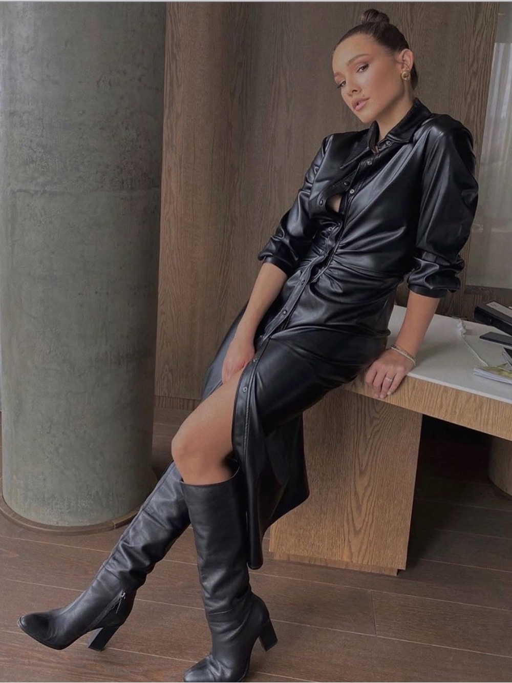 ZARA Faux Leather Button Front Ruched Waist Dress